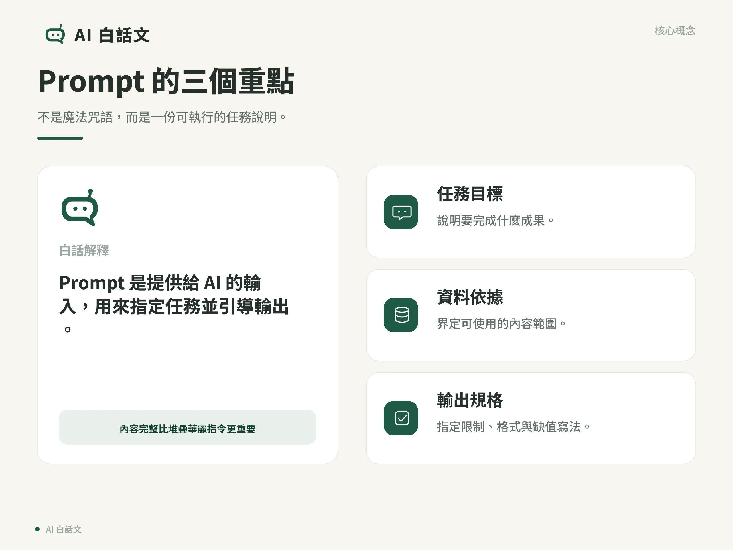Prompt 是什麼？AI 提示詞入門：寫法、結構與常見錯誤｜Prompt 的三個重點：不是魔法咒語，而是一份可執行的任務說明。