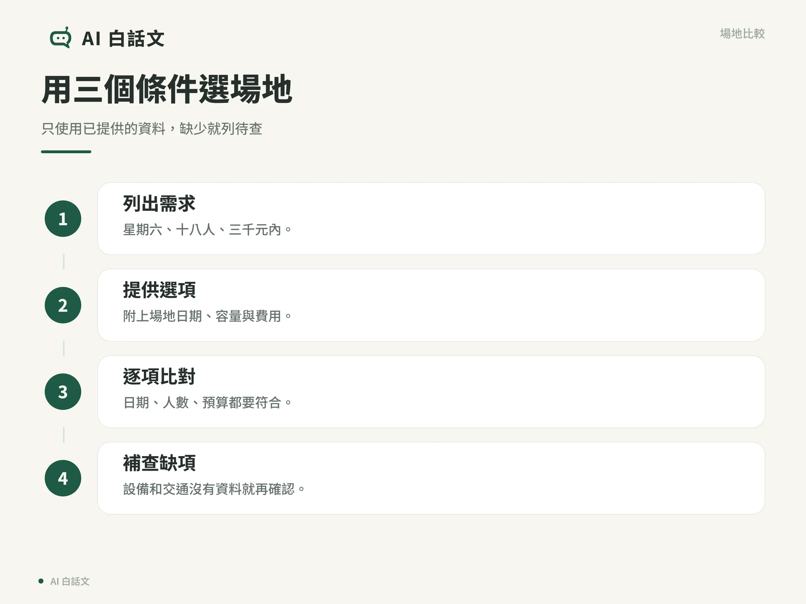 用三個條件選場地:只使用已提供的資料,缺少就列待查
