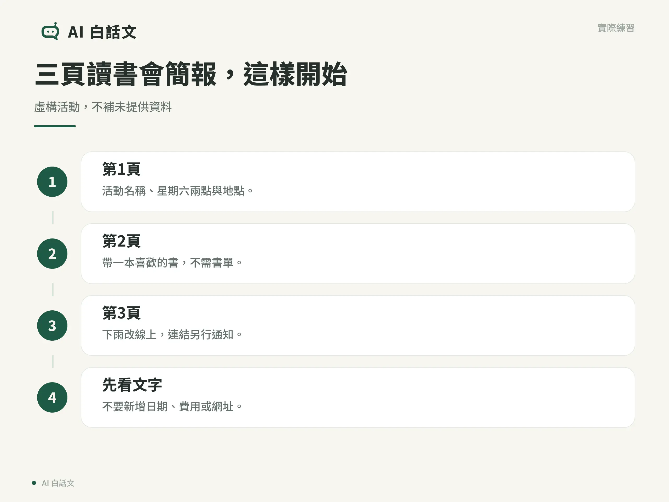 三頁讀書會簡報，這樣開始：虛構活動，不補未提供資料