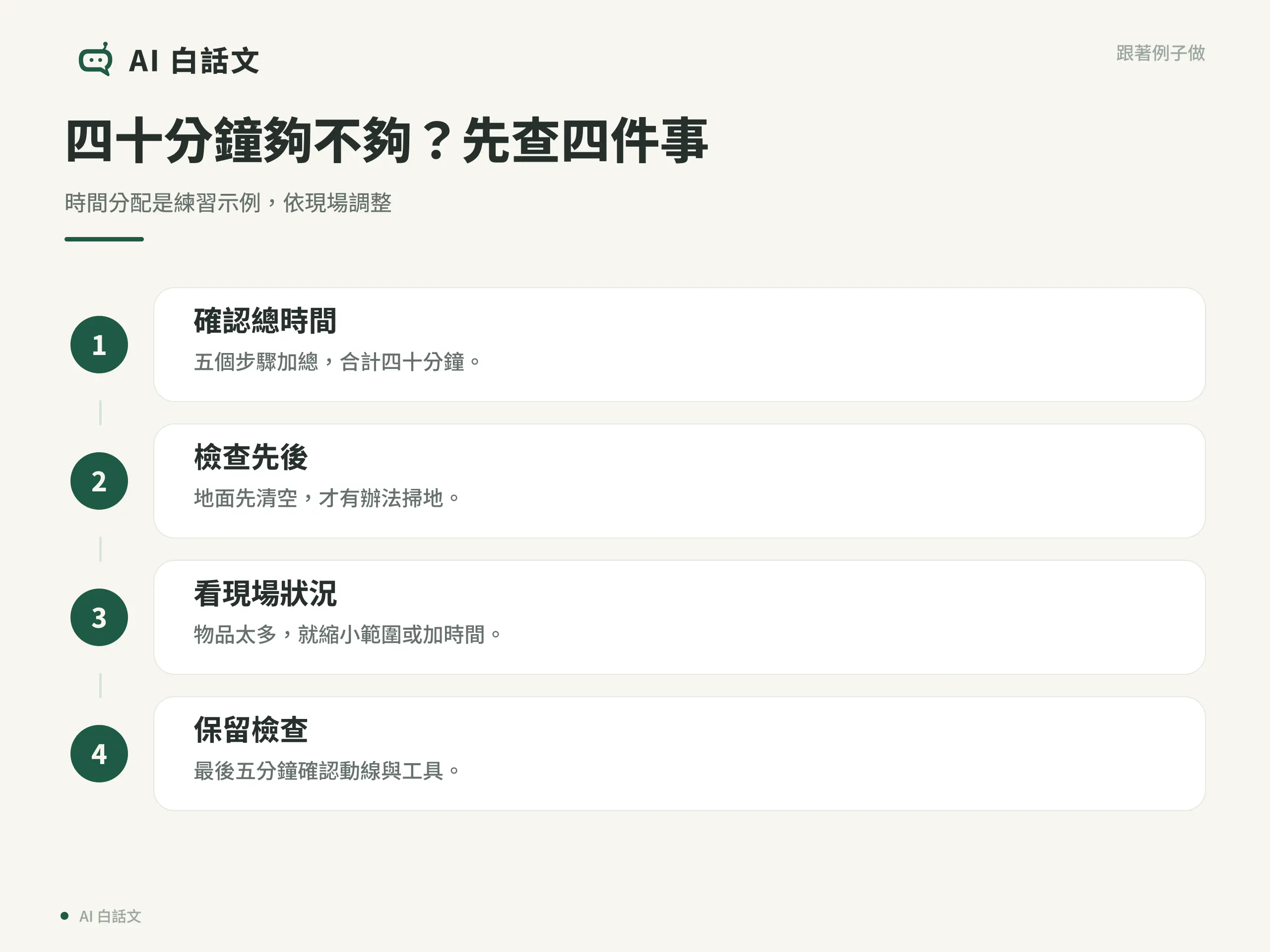 四十分鐘夠不夠？先查四件事：時間分配是練習示例，依現場調整