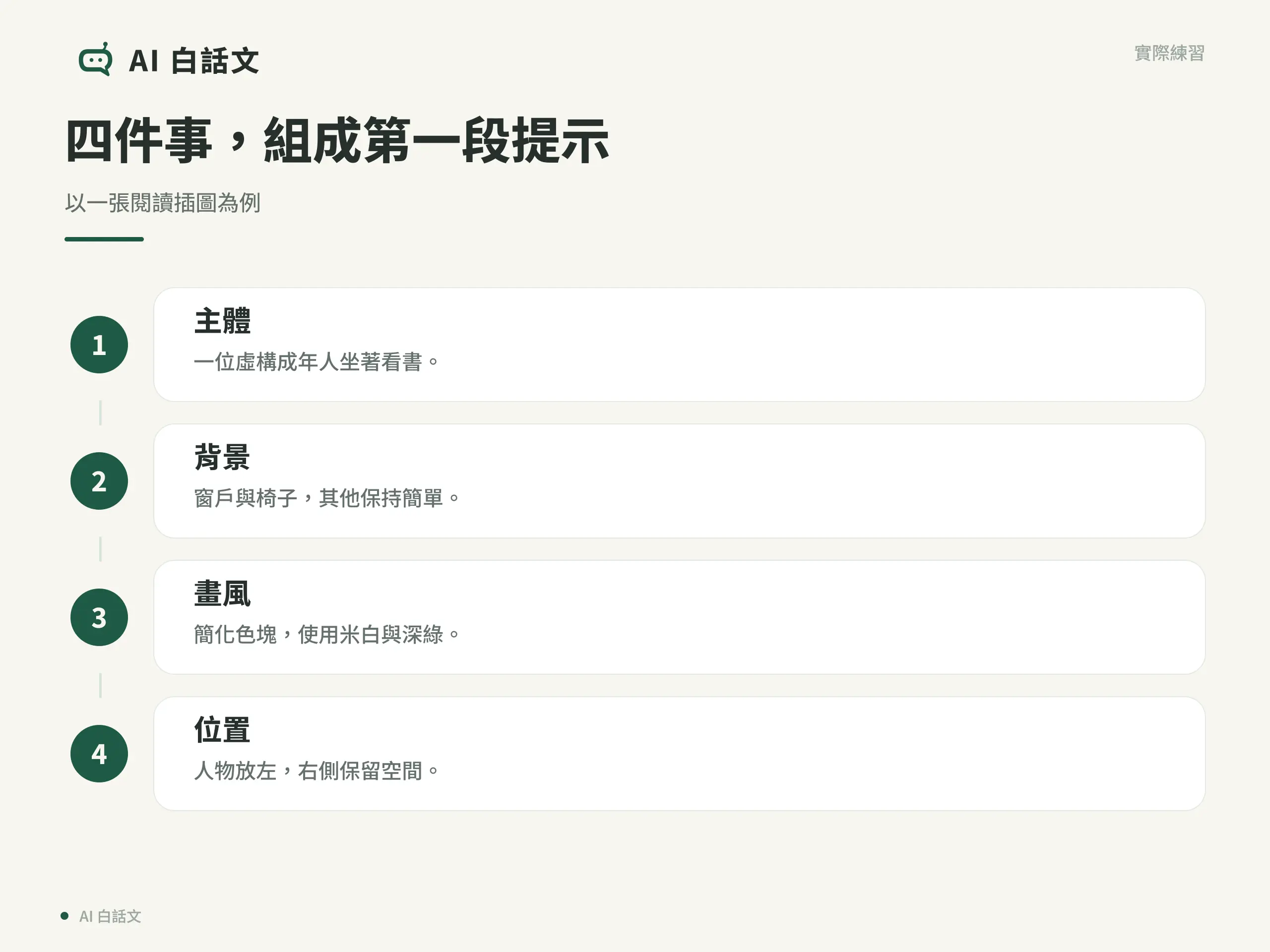 四件事，組成第一段提示：以一張閱讀插圖為例