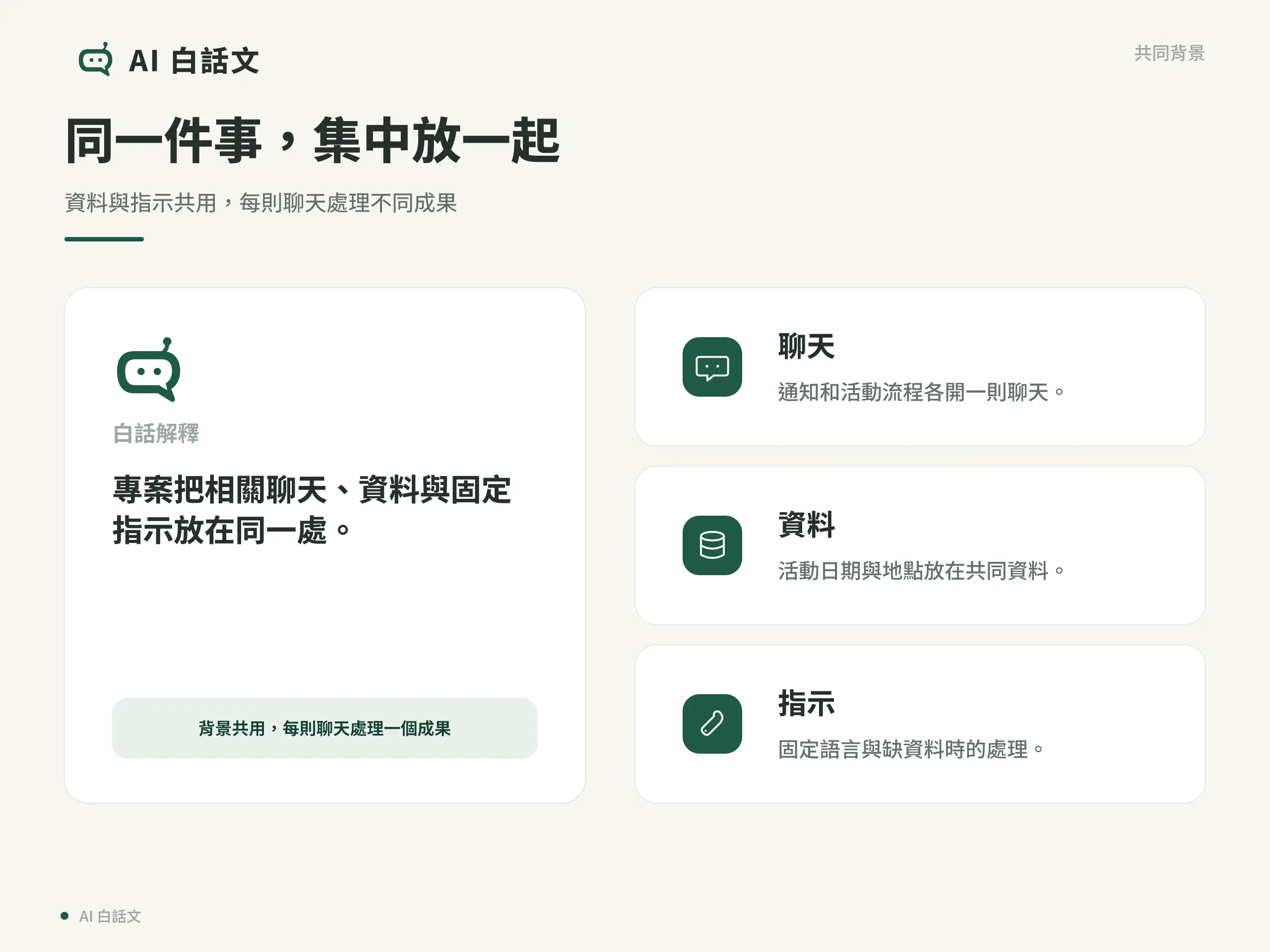 專案中的聊天處理各次任務，資料提供共同背景，指示規定共同回答要求