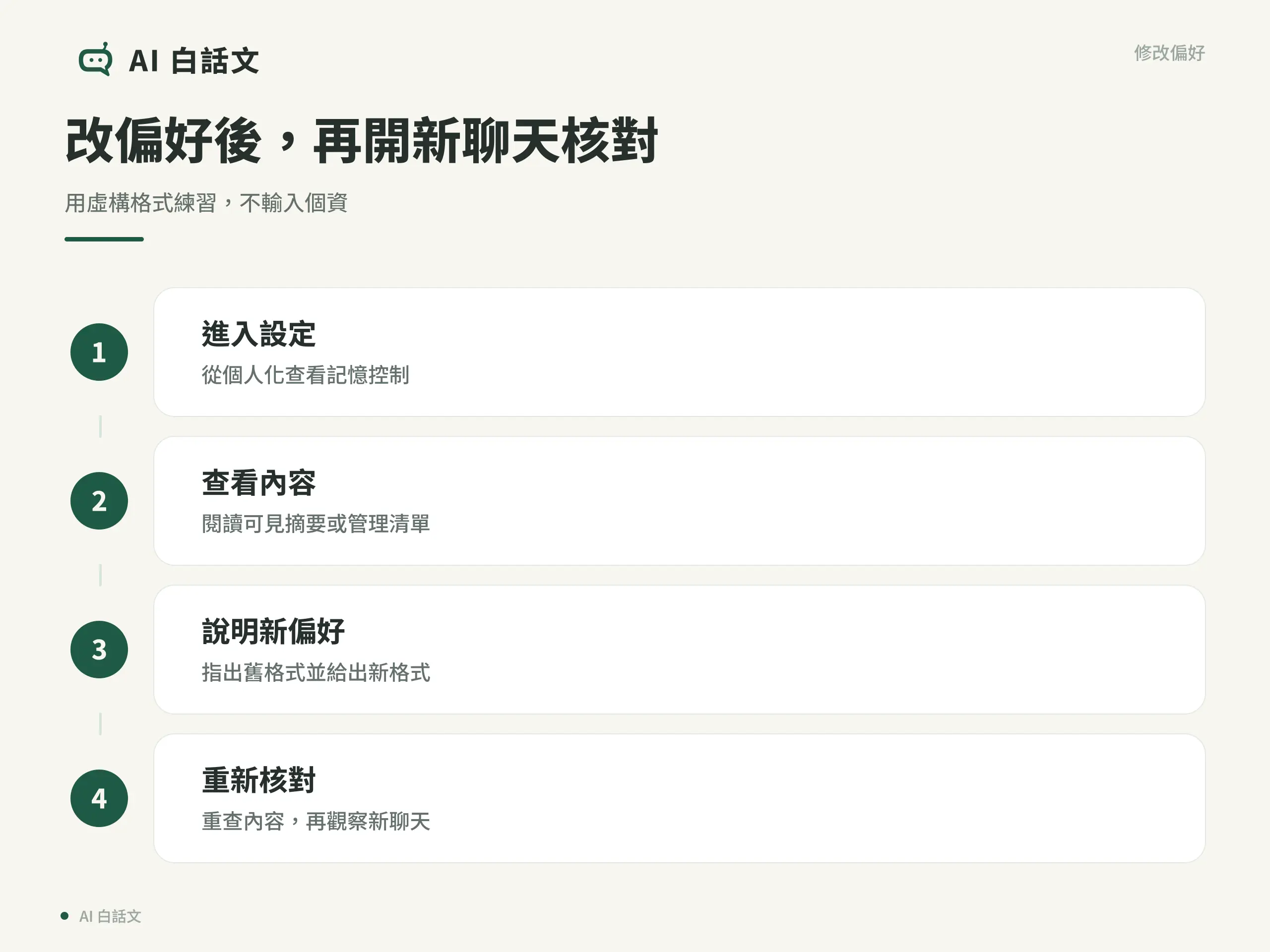 修改記憶偏好的四個動作:進設定、看內容、說明新偏好、重新核對