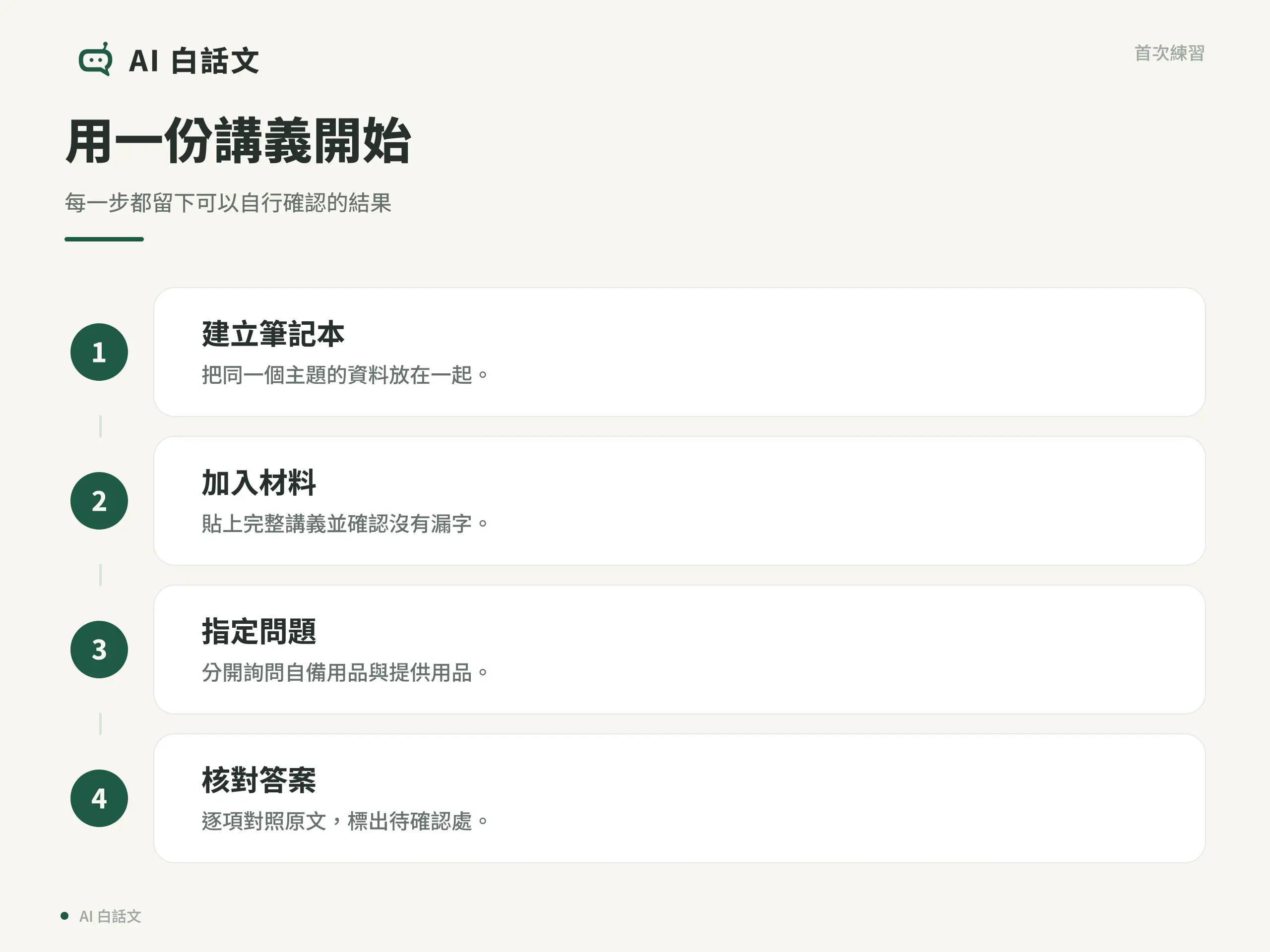 建立筆記本、加入材料、指定問題、核對原文的四步練習