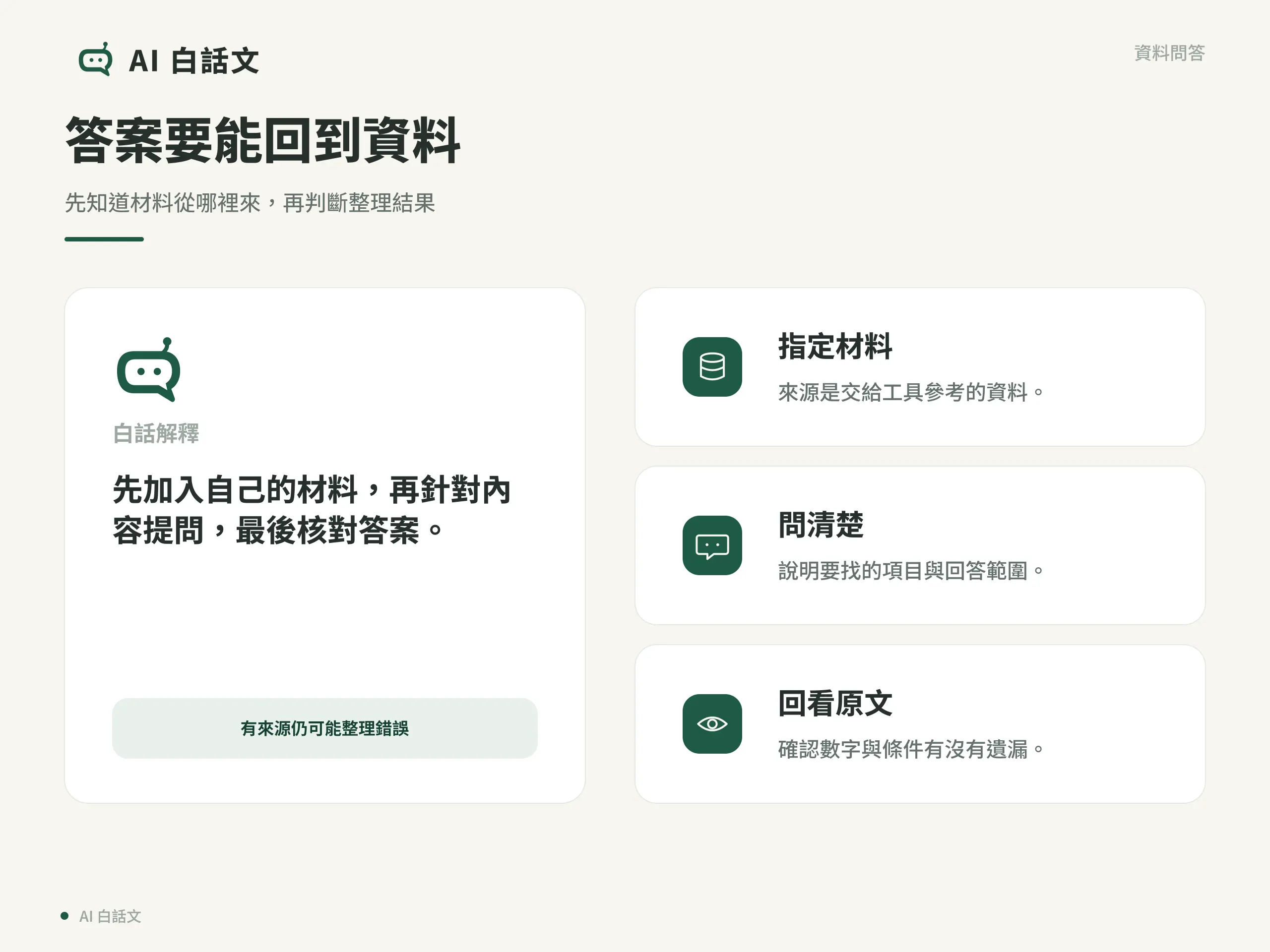 資料問答由來源、具體問題與原文核對三部分組成